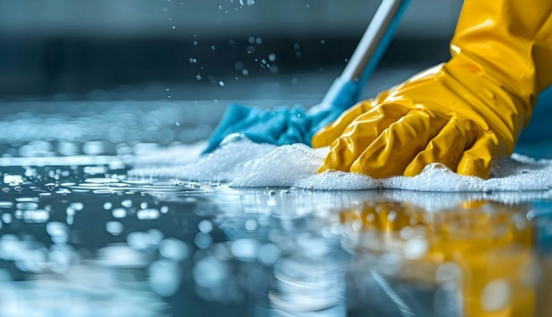 A gloved hand mopping a soapy floor